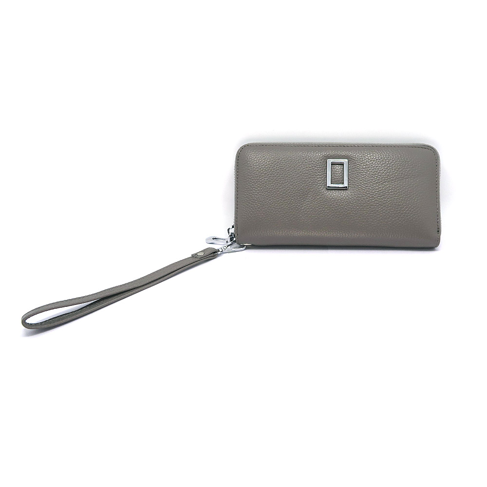 A stylish gray PU leather zipped wallet purse with a convenient wrist strap, perfect for everyday use.
