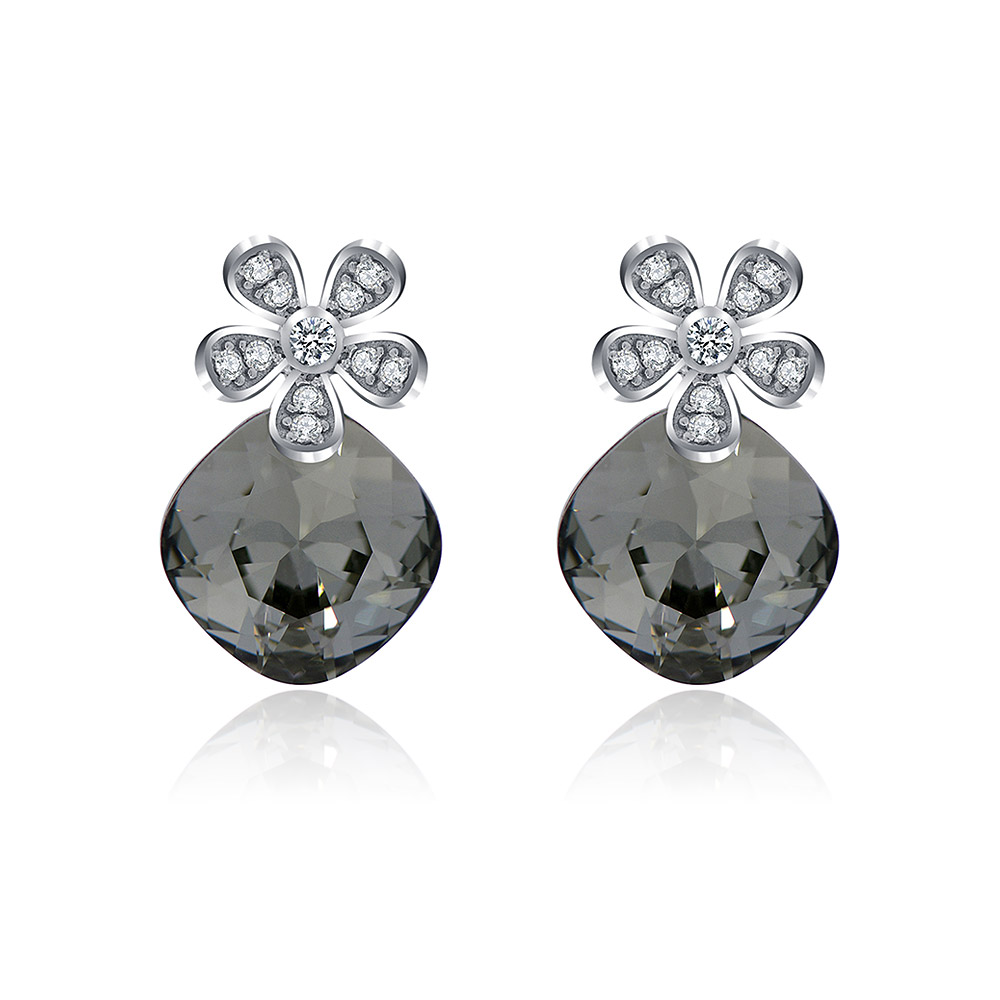 A pair of Lovely Flower Pierced Swarovski Crystal Earrings, featuring a silver flower top with clear gems and a large, faceted gray teardrop crystal.