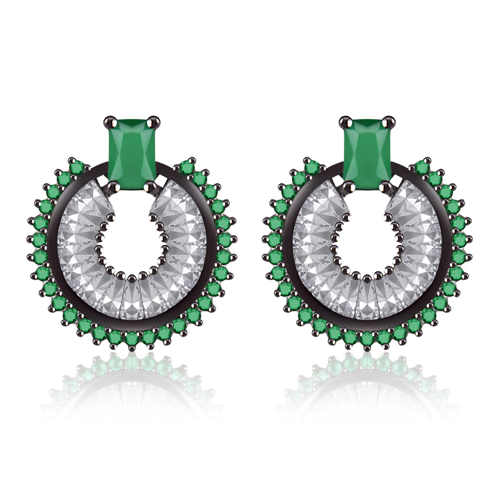 A pair of stunning emerald CZ stud earrings featuring a central green stone surrounded by a halo of clear cubic zirconia, set in dark hematite-plated brass.