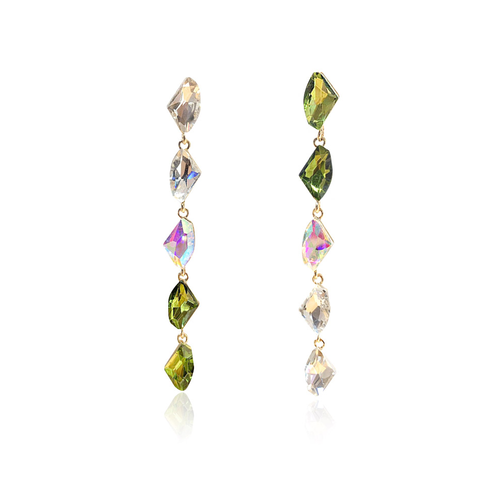 A pair of long dangle drop earrings featuring a cascade of clear and green crystals set in a gold-plated alloy, showcasing an elegant, symmetrical design.