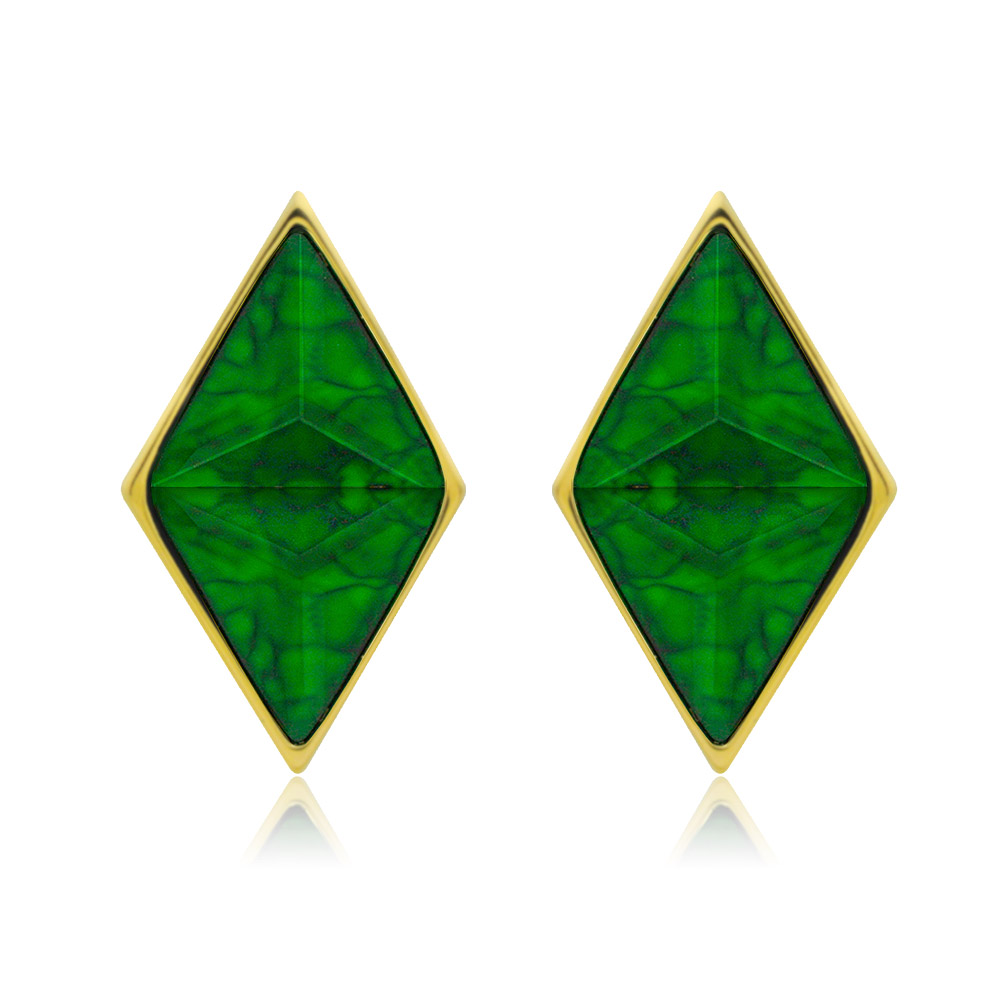 A pair of emerald green geometric resin stud earrings with elegant gold trim, showcasing their unique rhombus shape against a white background.