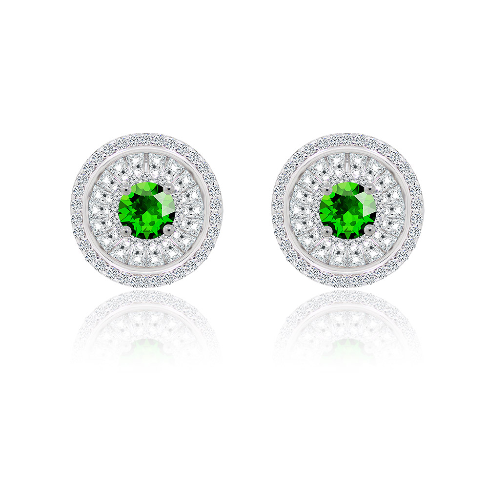 A detailed front view of the Emerald Round Cubic Zirconia Stud Earrings, featuring a central green gemstone surrounded by two concentric halos of smaller white gemstones set in 925 sterling silver.