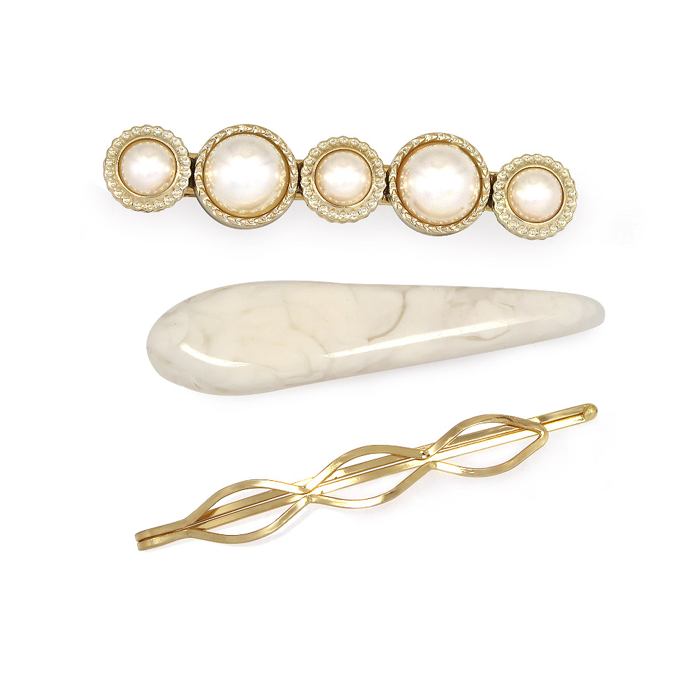 A set of three Metal Hollow Pearl Hair Clips, including a pearl and gold barrette, a white marble clip, and a gold hairpin, displayed on a white background.