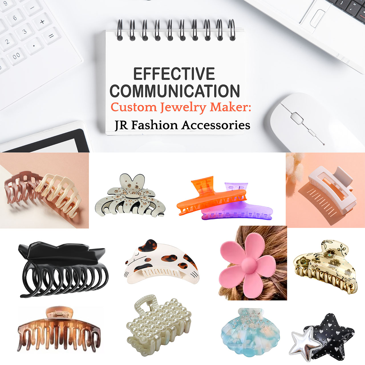 A vibrant collection of custom wholesale hair clips in various styles and colors, manufactured by JR Fashion Accessories.