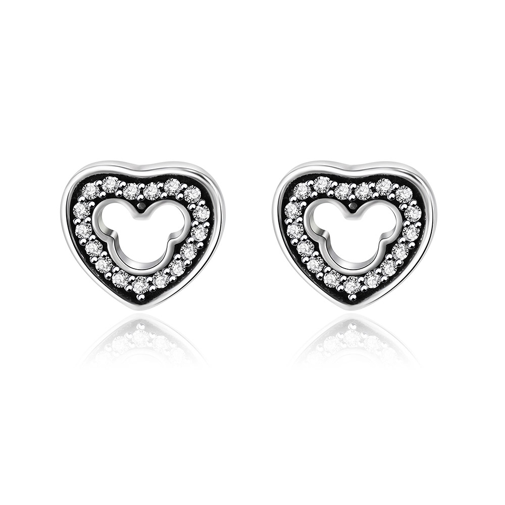 A pair of Silver Heart Ear Studs made from 925 sterling silver, featuring a hollow center design lined with sparkling cubic zirconia gemstones.