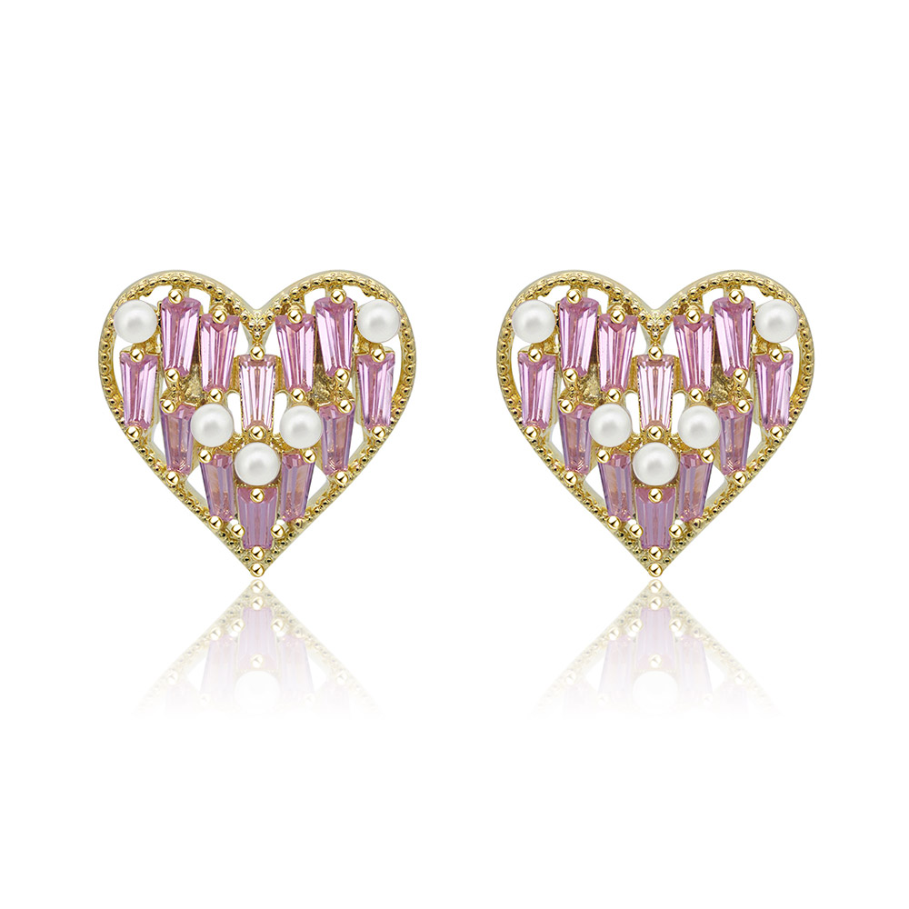 Front view of the Pink Heart Earrings with Mini Pearls, featuring a central pink cubic zirconia gem surrounded by small white pearls on a gold-plated brass setting.