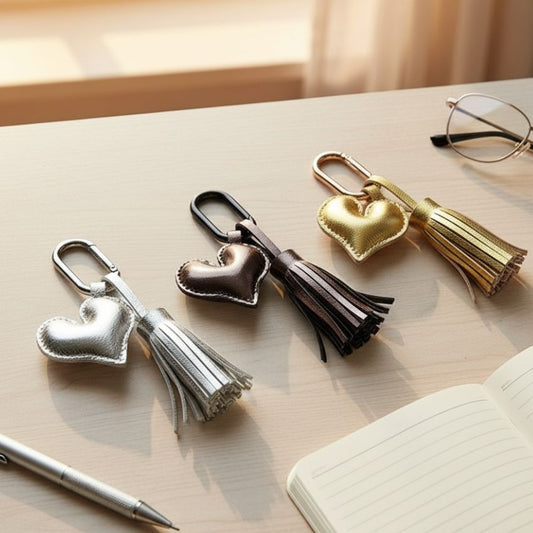 Eine Kollektion von vier stilvollen herzförmigen Leder-Schlüsselanhängern in metallischem Silber, Braun und Gold, angeboten von JR Fashion Accessories für den Großhandel.