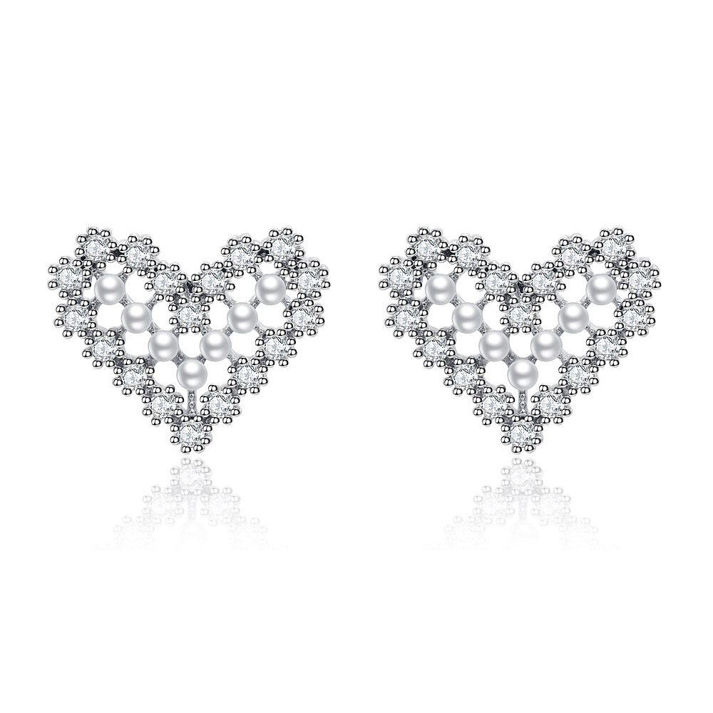 A close-up of the Rhodium Heart Pearl CZ Stud Earring, showcasing the heart shape, central pearl, and surrounding cubic zirconia stones on a white background.