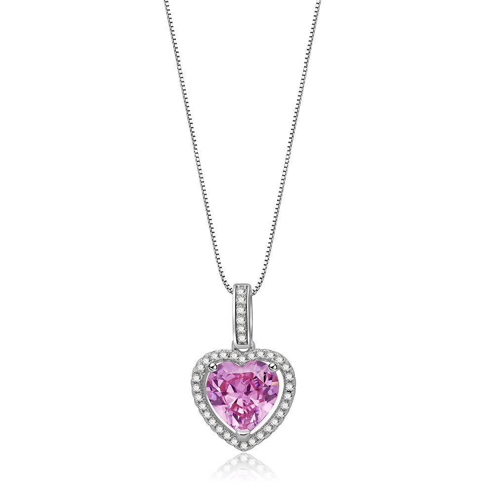 A close-up of the Glow Pink Heart Necklace, showcasing its rhodium-plated brass pendant with a central pink heart-shaped cubic zirconia surrounded by smaller clear gemstones.