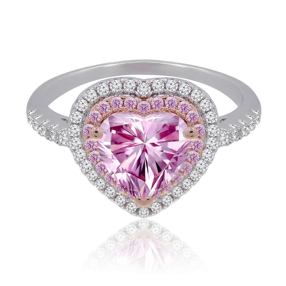 Front view of the Heart Shape Gemstone I Do Ring, showcasing the central pink heart-shaped cubic zirconia stone with a double halo setting and a two-tone rose gold and rhodium plated band.
