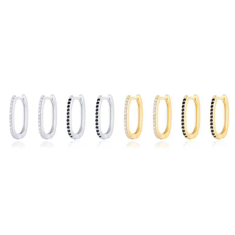A collection of 925 sterling silver rectangle huggie hoop earrings, displayed in both silver and gold finishes with options for clear white and black stones.