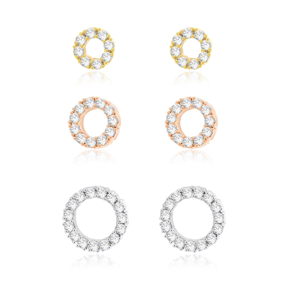 Pave Circle Stud Earring 3 in 1 Set, showcasing three pairs of stud earrings in gold, rose gold, and silver finishes, each adorned with sparkling cubic zirconia.
