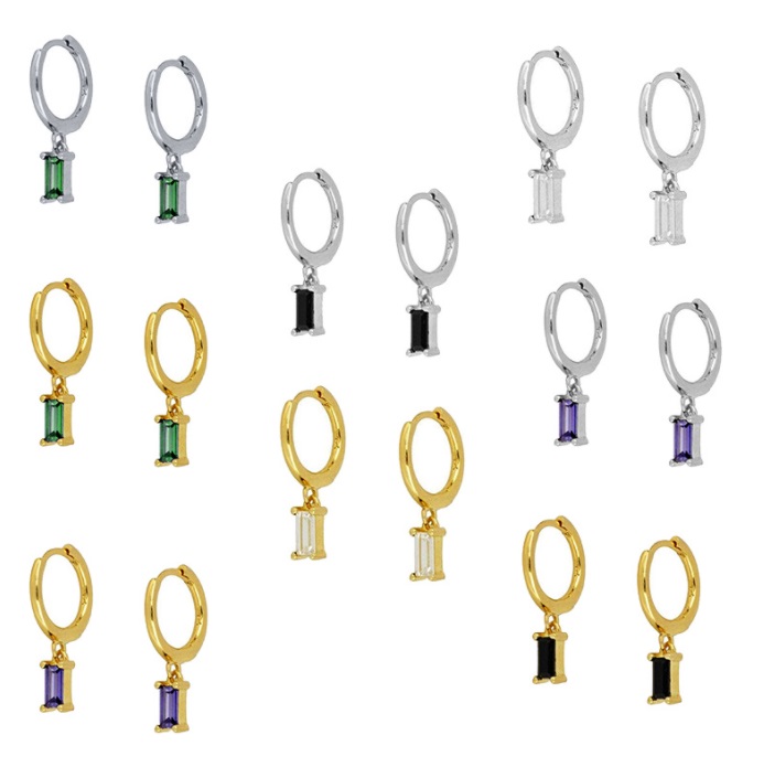 A collection of Baguette Hoop Earrings (JRE-160) in various metal finishes like gold and silver, adorned with sparkling rectangular cubic zirconia gemstones.
