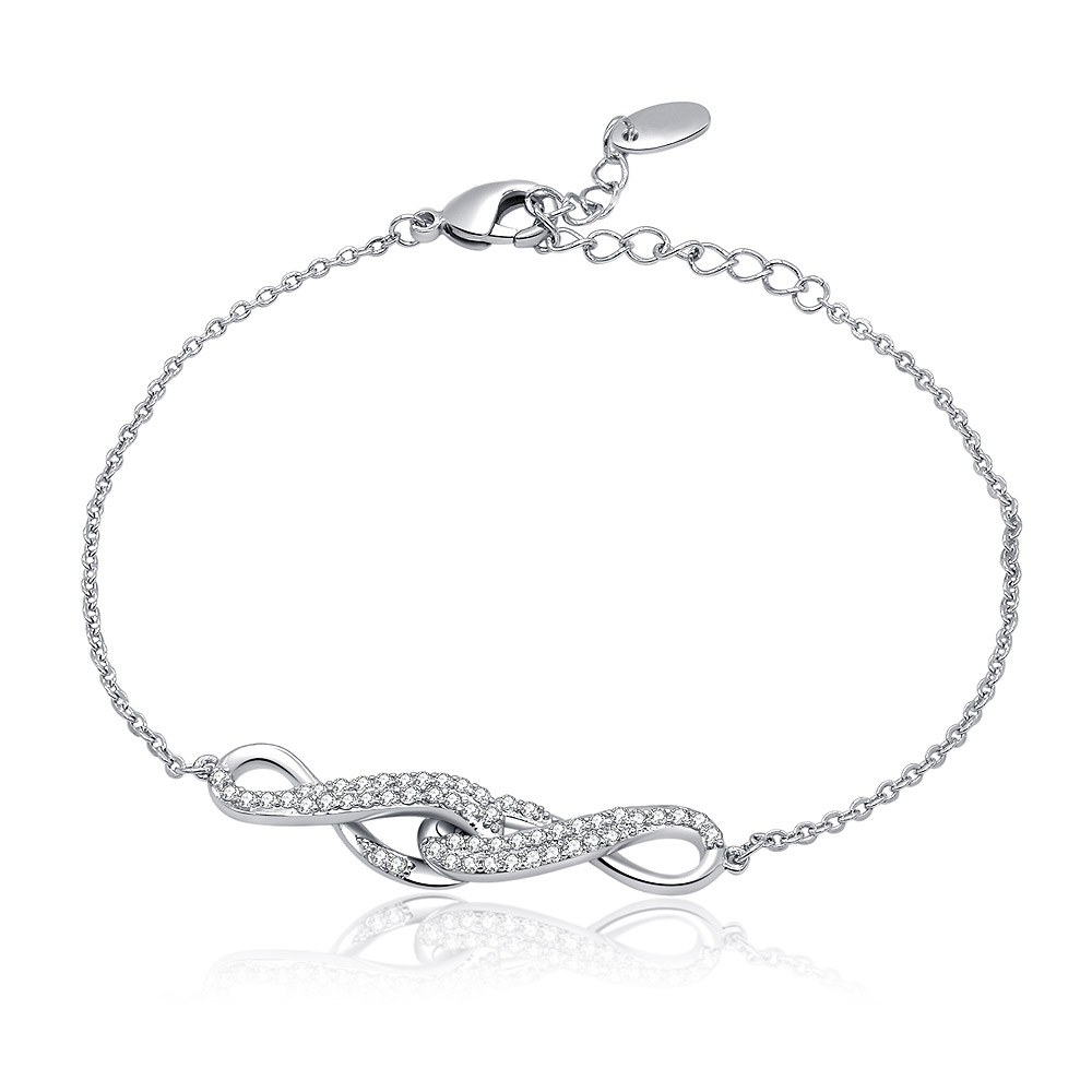 CZ Interlock Infinity Charm Silver Bracelet featuring a detailed infinity symbol adorned with sparkling cubic zirconia stones on a rhodium-plated chain.