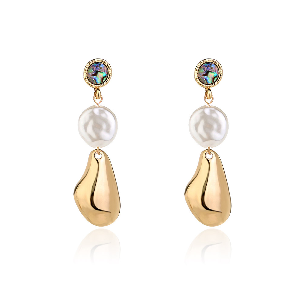 Irregular Baroque Pearl Dangle Earrings featuring iridescent stones, white pearls, and gold-colored pendants.