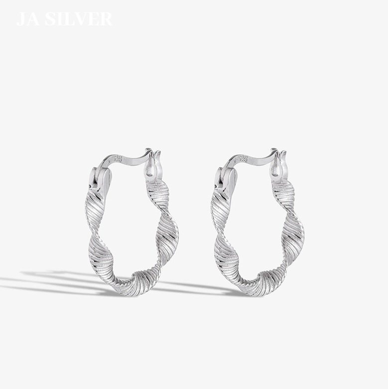 A pair of 925 sterling silver twisted hoop earrings from JR Fashion Accessories, showcasing their intricate and elegant design.