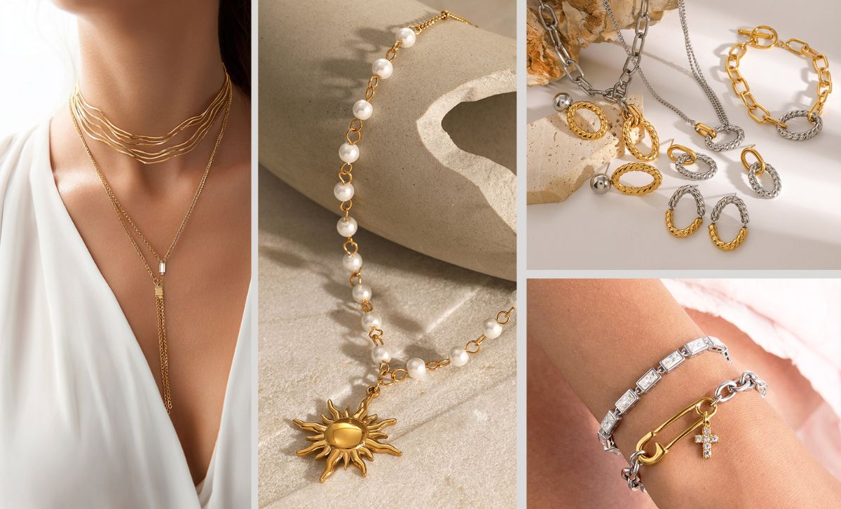 A stylish collection of gold and silver stainless steel jewelry, including necklaces, earrings, and bracelets, laid out to showcase their brilliant, tarnish-resistant finish.