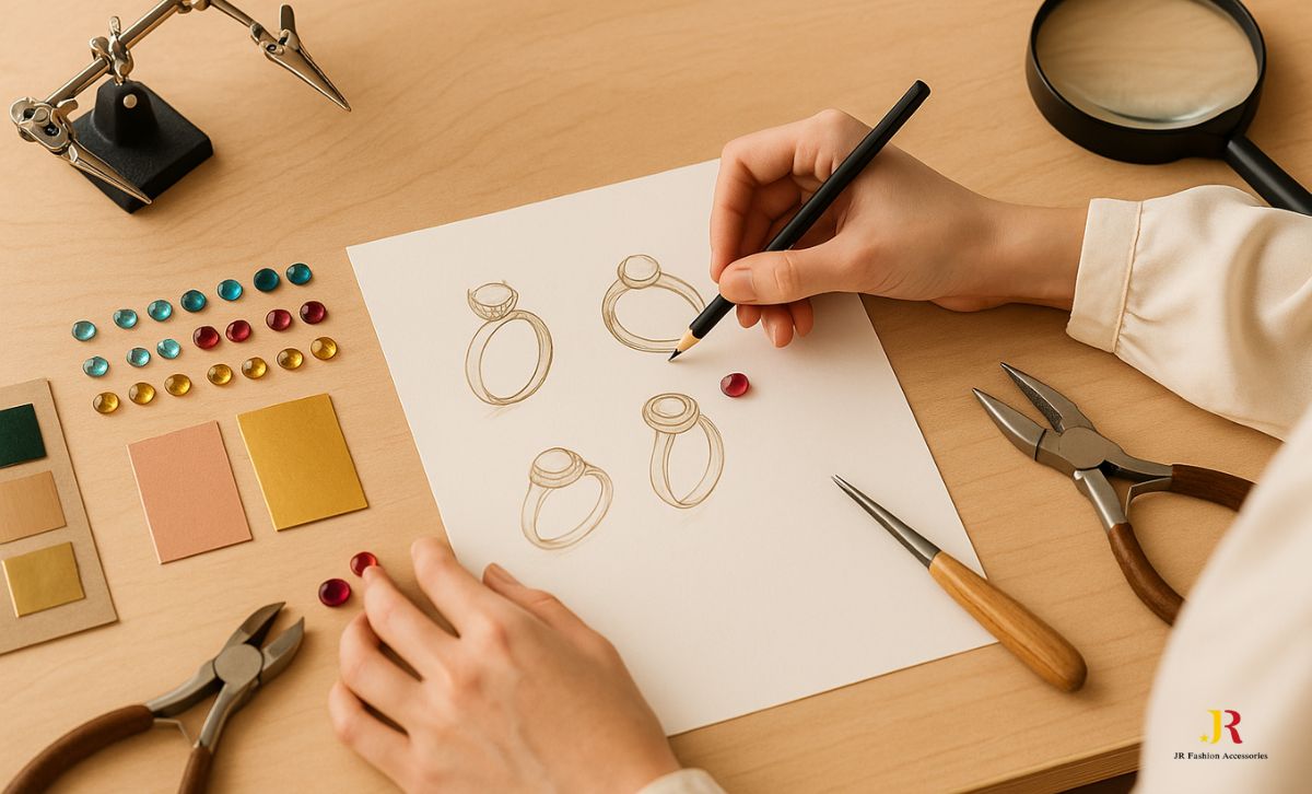 A jewelry designer sketches gemstone ring ideas on paper, surrounded by design tools and materials, illustrating the creative process of jewelry design.