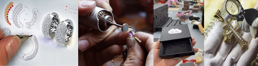 A collage illustrating the step-by-step process of starting a jewelry business with JR Fashion Accessories, from initial design sketches to the final polished products.
