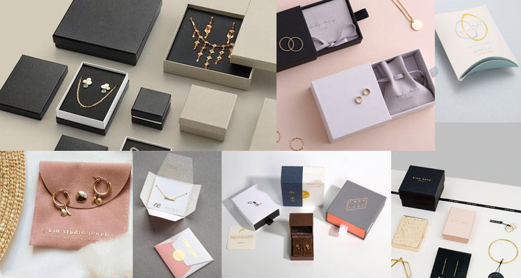 A collection of custom jewelry pieces displayed with their corresponding elegant and varied packaging solutions from JR Fashion Accessories.