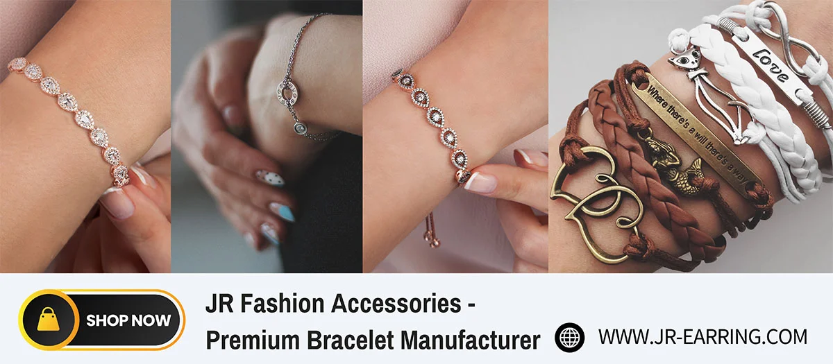 A collection of premium metal bracelets from JR Fashion Accessories, showcasing various styles for wholesale and custom design.