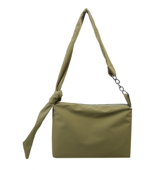 A stylish army green cross-body sling bag made of durable PU leather, featuring a rectangular shape and a long adjustable strap.
