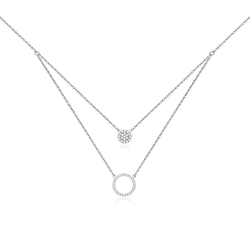 A close-up of the Layer Choker Disc Circle Necklace, showcasing its double-layered design with a sparkling Cubic Zirconia stone and a polished rhodium-plated circle pendant.