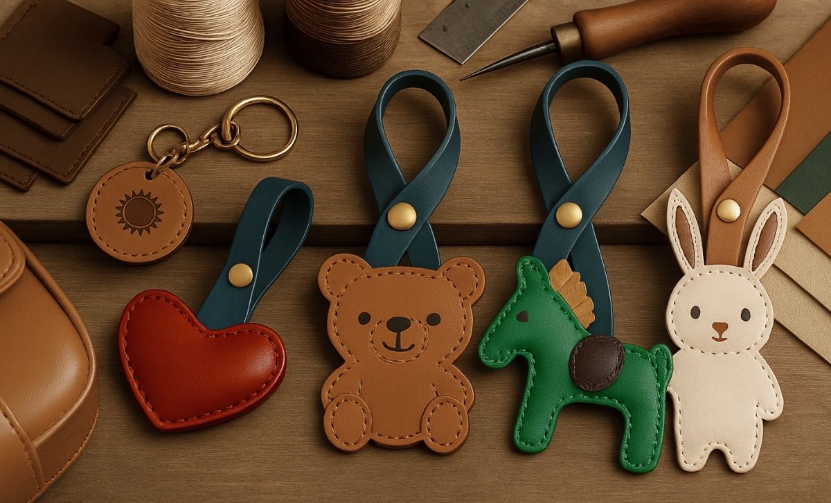 A collection of custom leather bag charms in heart, bear, and rabbit shapes, handcrafted by JR Fashion Accessories, surrounded by leatherworking tools, showcasing their OEM/ODM expertise.