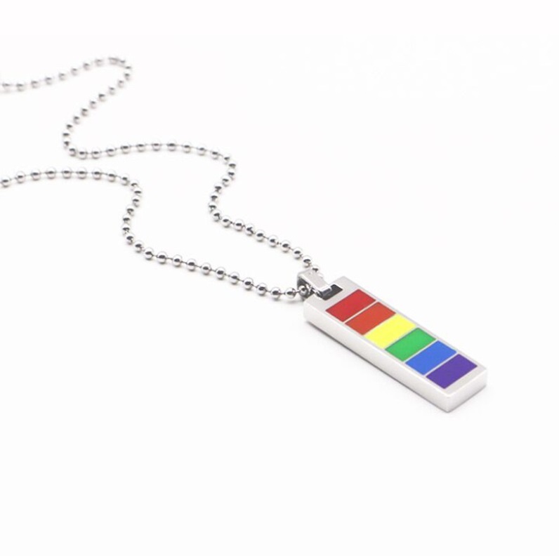 A close-up of the Rectangle LGBT Pride Rainbow Long Chain Necklace, showcasing the stainless steel chain and the colorful enamel rainbow pendant on a white background.