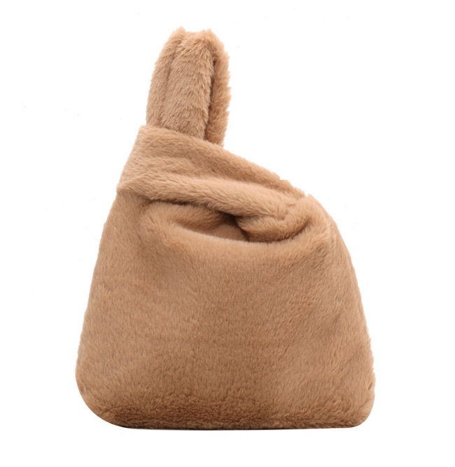 Elegant light brown fuzzy bag from JR Fashion Accessories, featuring a soft texture and unique shape. A stylish custom handbag.