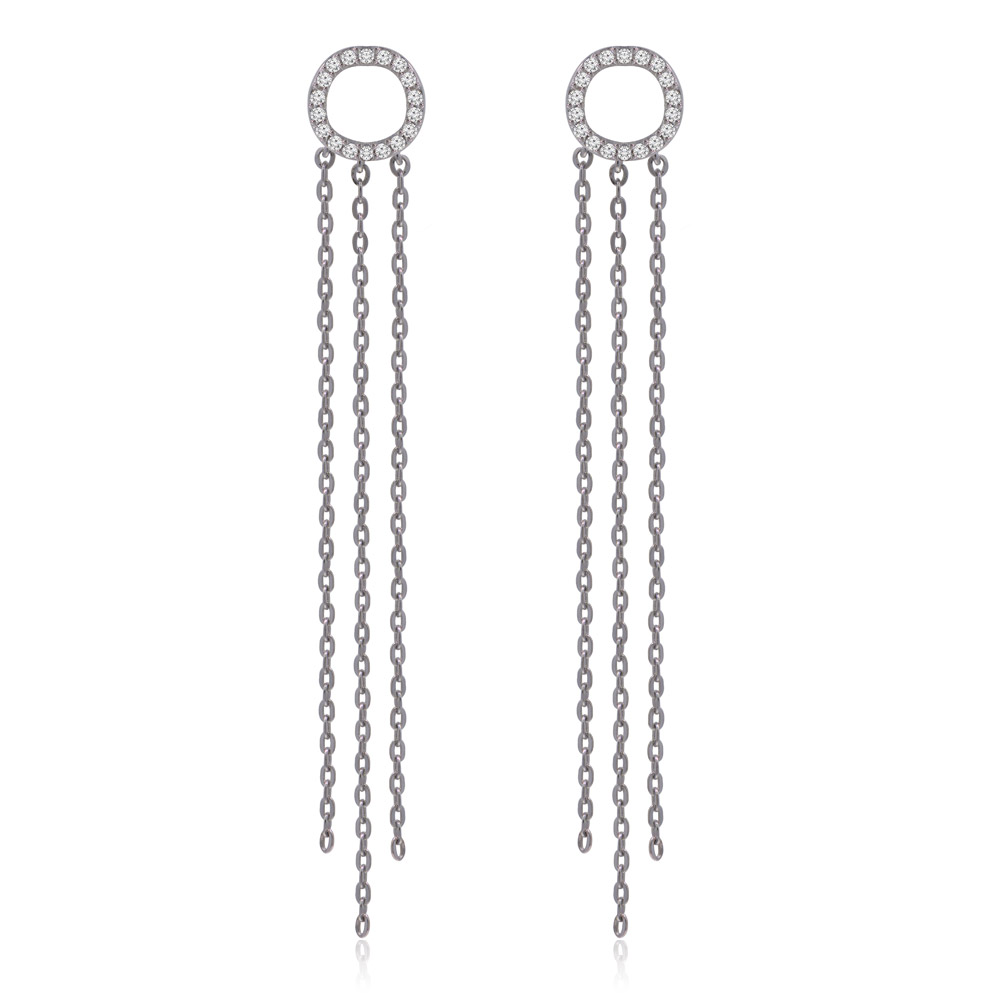 Elegant round disc dangle chain earrings with rhodium plating and sparkling cubic zirconia stones, on a clean white background.