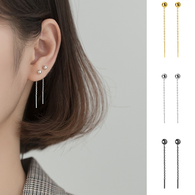 A product showcase of 925 Sterling Silver Ear Thread Dangle Stud Earrings, highlighting their elegant long design.