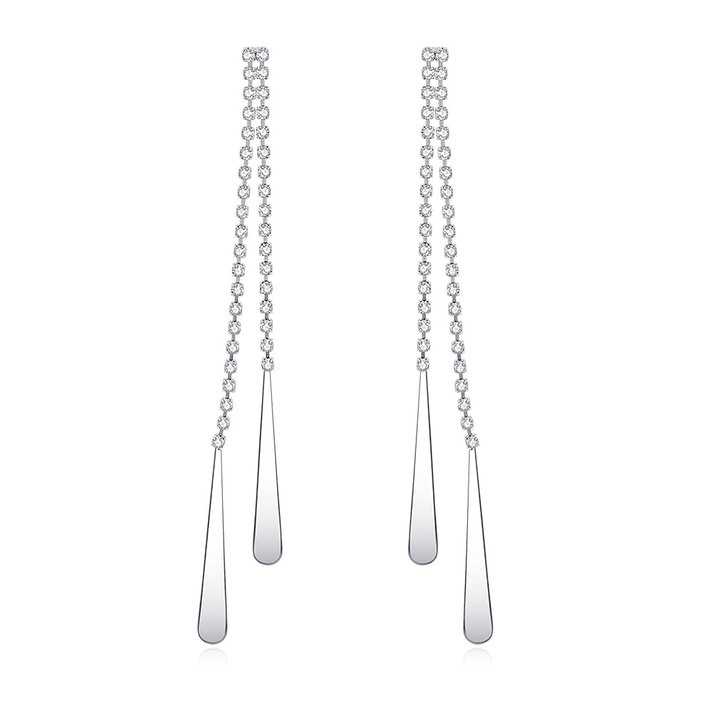A pair of elegant Crystal Chandelier Post Earrings, featuring long drops with clear Czech crystals and teardrop-shaped rhodium-plated ends, on a white background.