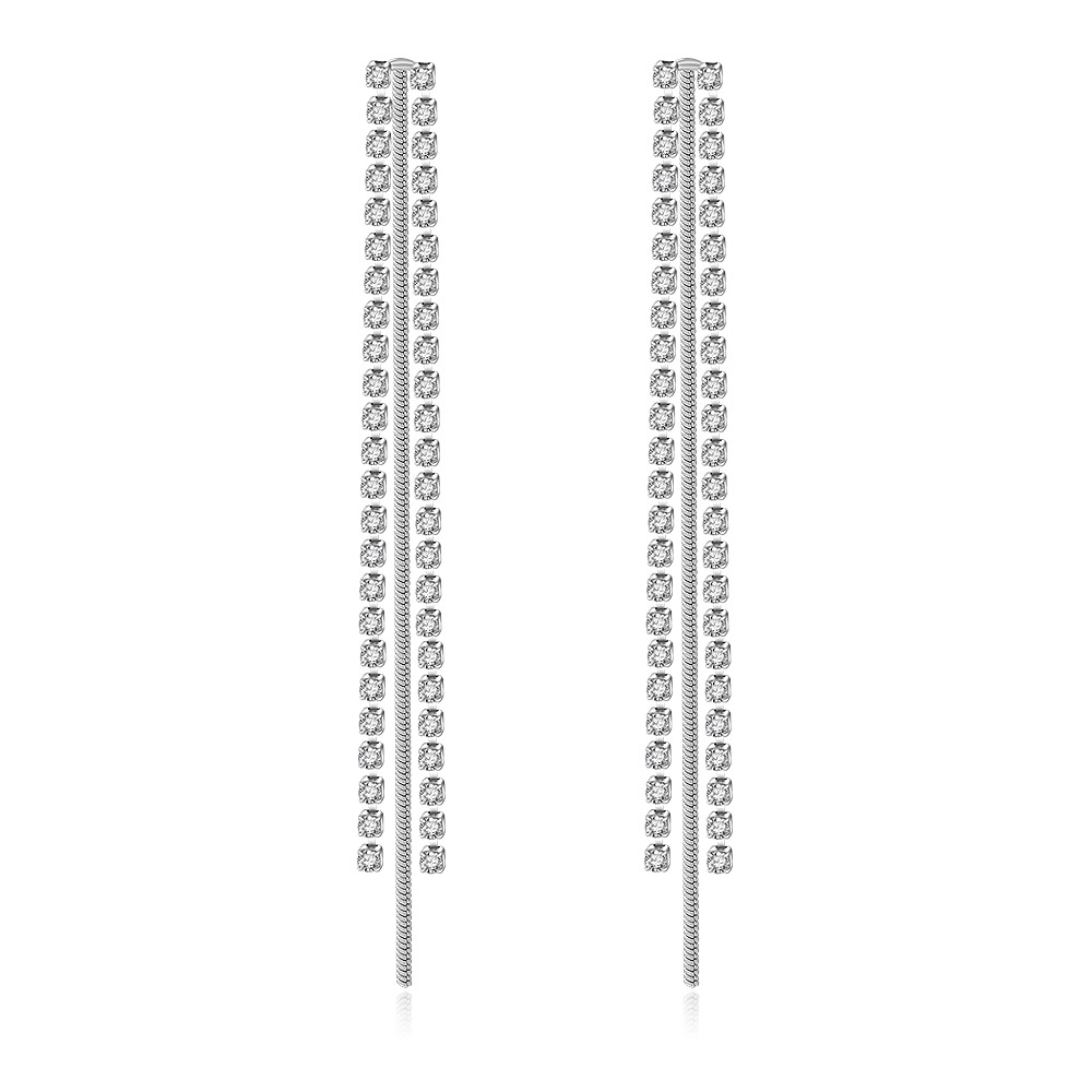 A pair of Chain CZ Chandelier Clip-On Earrings with a long, linear design, featuring clear cubic zirconia gemstones in a polished rhodium-plated setting.