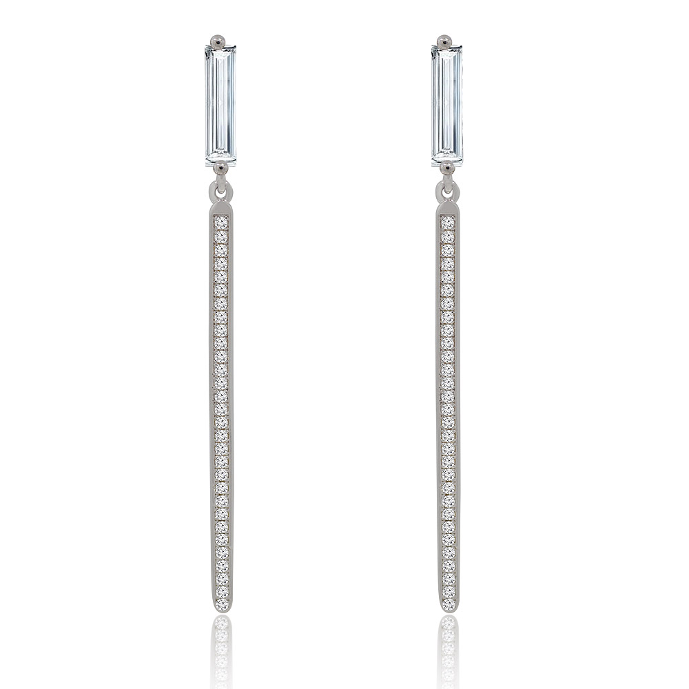 A pair of Cubic Zirconia Long Dangling Earrings in 925 sterling silver, showcasing an elegant design with clear rectangular stones and sparkling CZ-studded bars.
