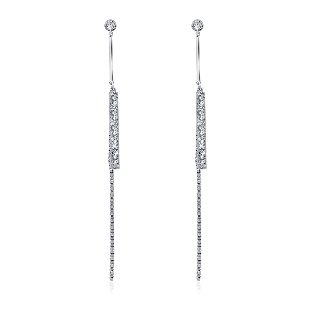 A detailed view of the Bar CZ Chain Long Earrings, showcasing the long silver design with a stud top, a bar section adorned with cubic zirconia stones, and a delicate chain extension.