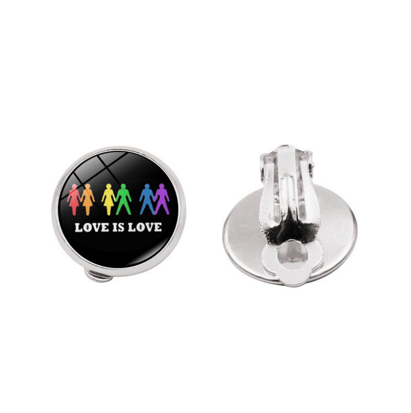 Rainbow LGBT Love Is Love clip-on earrings with a colorful enamel design, made from stainless steel.