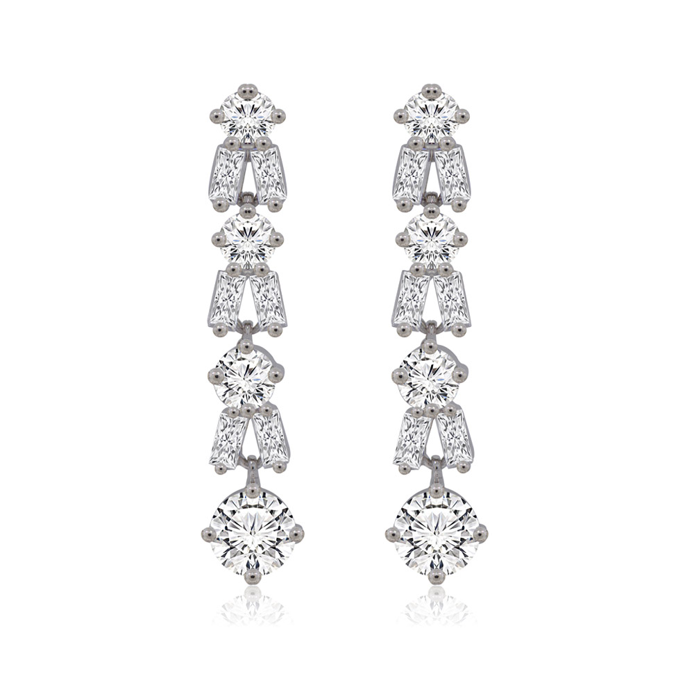 A pair of brilliant cut cubic zirconia drop earrings with a silver-toned rhodium plating, showcasing a classic and elegant design.