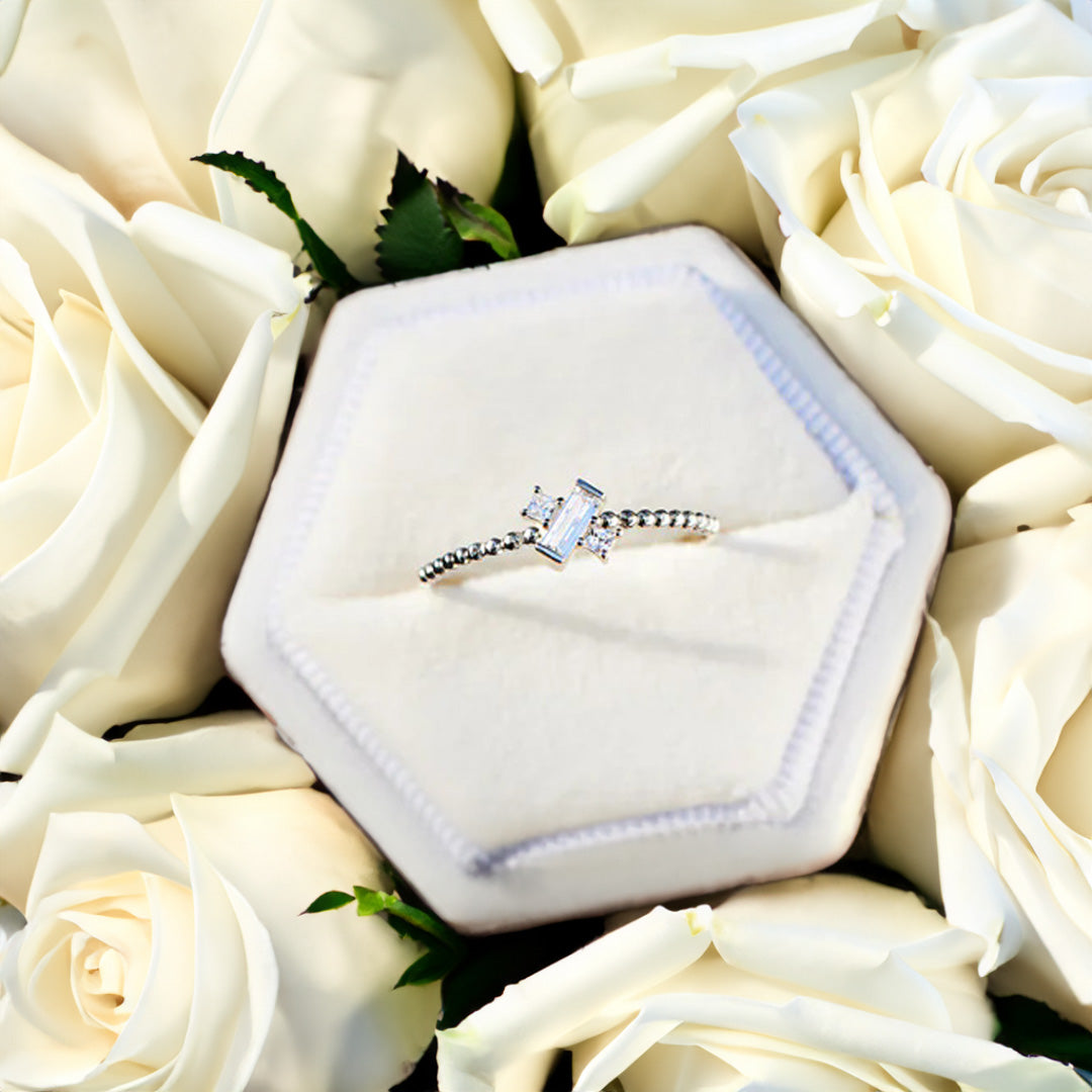 Close-up of the Asymmetric Cross Zircon 925 Silver Ring, highlighting the central rectangular zircon and intricate beaded band.