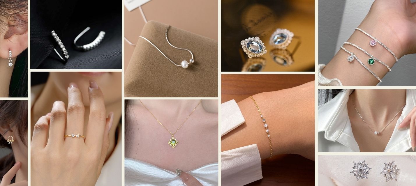 A stunning collage of custom wholesale jewelry from JR Fashion Accessories, featuring sterling silver necklaces, gold-plated rings, and elegant earrings for OEM/ODM clients.
