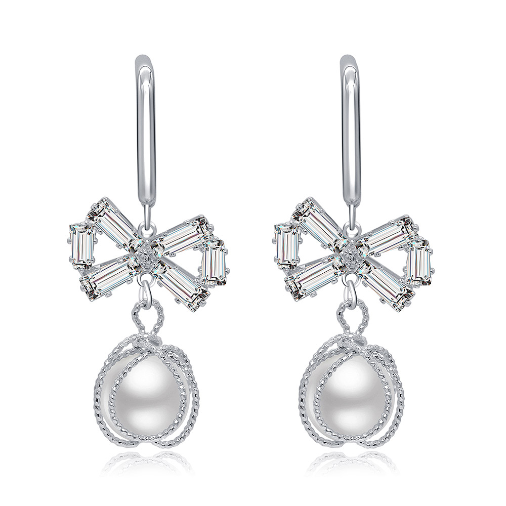 Chic Bow Pearl Hook Earrings featuring flower-shaped tops with baguette-cut clear gemstones and elegant teardrop-shaped pearls.