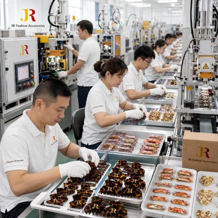 Factory workers on an assembly line mass-producing custom tortoiseshell hair clips for wholesale B2B distribution.