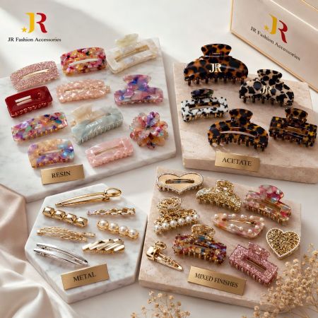 Wholesale catalog display of custom hair clips featuring premium resin, acetate, metal, and mixed finish materials.