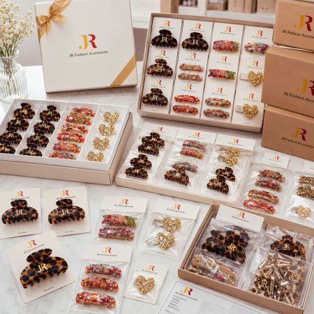Retail-ready packaging solutions for wholesale private label hair clips showcasing custom branded cards and bulk boxes.