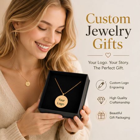 Vrouw die een geschenkdoos vasthoudt met een op maat gemaakte gegraveerde gouden ketting. Hoogwaardige B2B op maat gemaakte juwelen met merkverpakking.