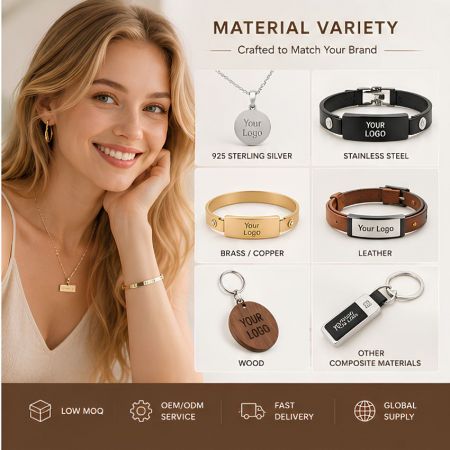 Op maat gemaakte juwelenmaterialen: 925 zilver, roestvrij staal, messing, leer. B2B OEM/ODM-diensten met lage MOQ en snelle levering.