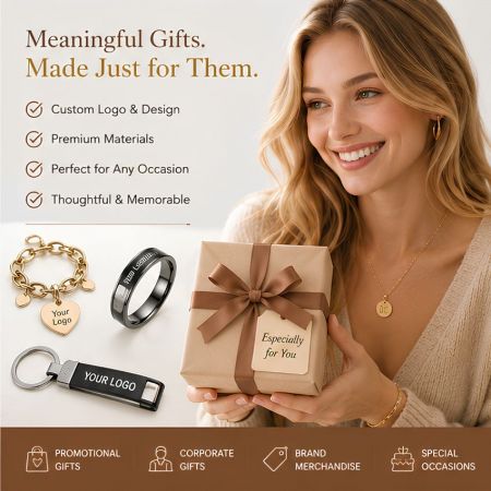 Op maat gemaakte zakelijke geschenken en merkartikelen. B2B promotionele juwelen, waaronder gegraveerde ringen, armbanden en sleutelhangers.