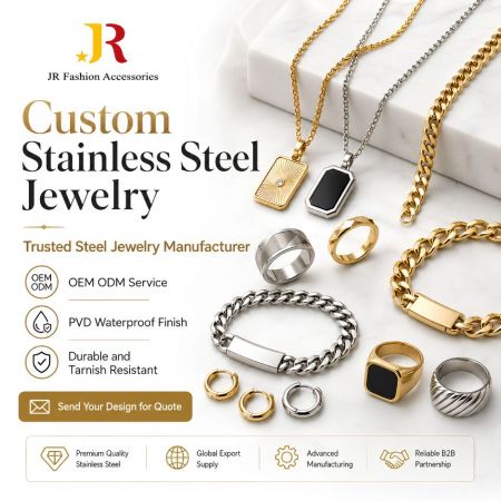 Op maat gemaakte sieraden van roestvrij staal - B2B op maat gemaakte sieraden van roestvrij staal fabrikant die OEM/ODM-diensten aanbiedt, PVD-waterdichte ringen, kettingen en armbanden.