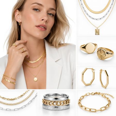 B2B wholesale custom stainless steel jewelry collection featuring layered gold necklaces, signet rings, and hoop earrings.