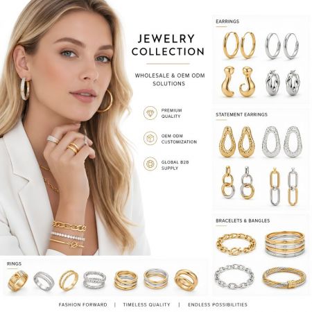 B2B wholesale jewelry with OEM/ODM solutions. Premium custom statement earrings, rings, and bangles for global supply.